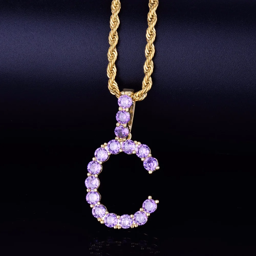 Bling Purple Zircon Tennis Letters Pendant Necklaces For Men/Women Gold Silver Fashiom Hip Hop Jewelry with Rope chain