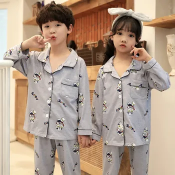 

Gray Cotton Cartoon Pajamas Suit Homewear Children Gray Print Sleep Set Nightwear Turn-down Collar Boys And Girls Clothing