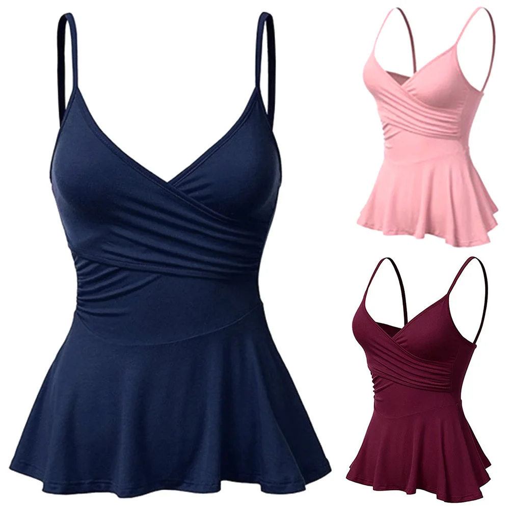 Pleated Spaghetti Strap Sexy Solid Summer Chic Tank Top Fashion Deep V Neck Front Wrap Flared Daily Polyester