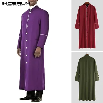 

INCERUN Men Muslim Kaftan Long Sleeve Saudi Arabi Robes Button 2020 Stand Collar Islamic Coats Fashion Men Clothes Jubba Thobe