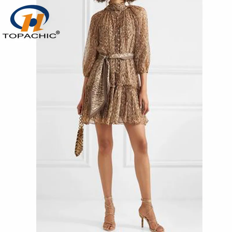 

8.9 Leopard dress 2019 women's silk long-sleeved bow A word sexy party dress high quality women's clothing Distribution scarf