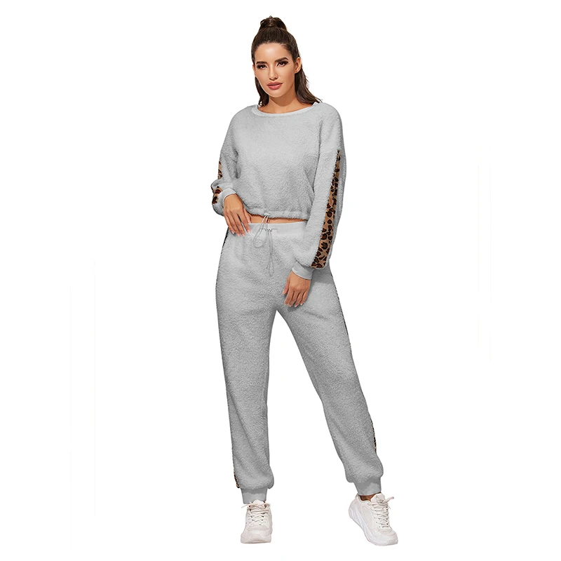 

Double-sided Fleece Autumn Plush Sweater Women+womens Trousers Casual Leopard Pattern Stitching Winter 2 Pieces Set for Women