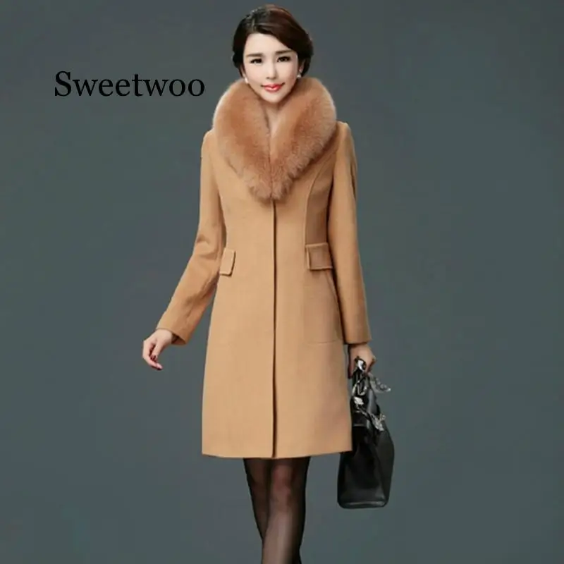 

Пальто женское Шерстяное с меховым воротником, зимняя, теплая