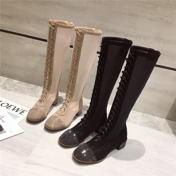 

Summer Glitter Boots Sexy Black Air Mesh Long Boots Women Over The Knee High Boots Fashion Cross Strap Block High Heels Boots
