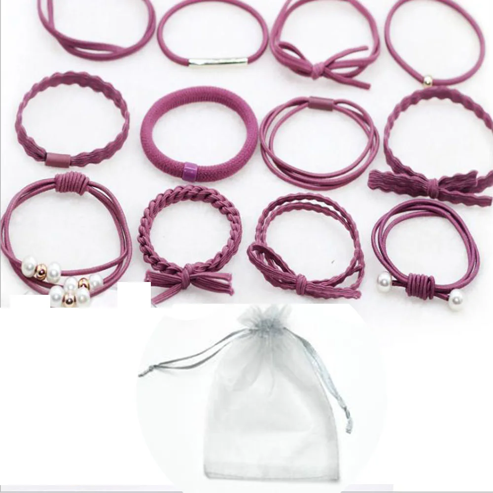 purple (yarn bag) 12 шт./компл. Женская резинка для волос набор жемчужное Узорчатое оголовье резинка для хвоста для девочек Высокая Эластичность резинки аксессуары для волос для женщин - Цвет: purple (yarn bag)