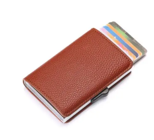 brown Фирменный держатель для кредитных карт с защитой от RFID, для карт, кошелек для мужчин и женщин, дорожная алюминиевая коробка, Модный мягкий кожаный тонкий чехол для карт - Цвет: brown