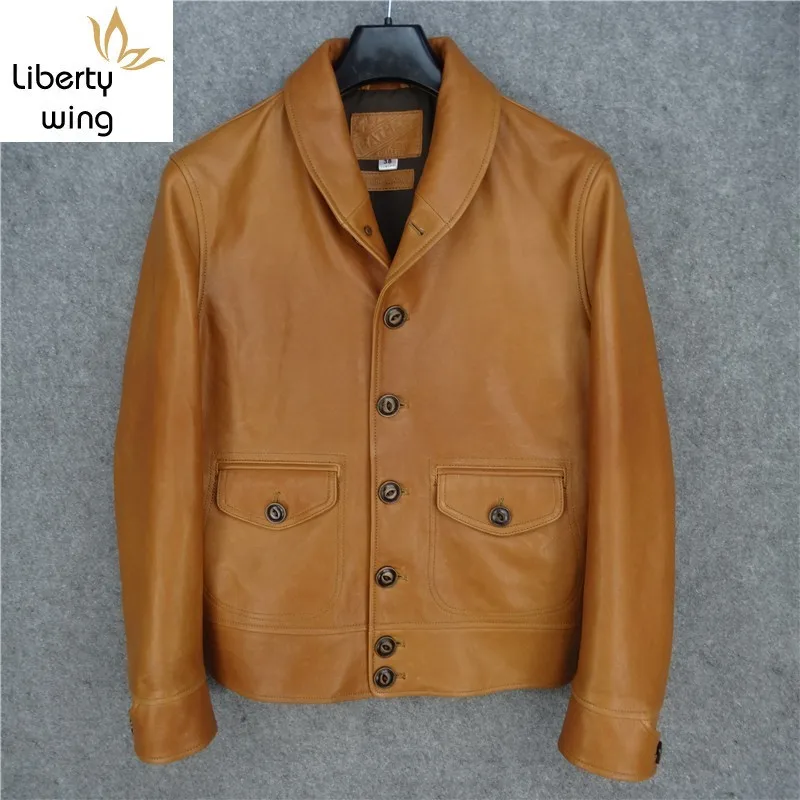 

Harajuku Casual Streetwear Mens Shawl Collar Single Breasted Genuine Jacket Slim Fit Short Leather Coat Plus Size