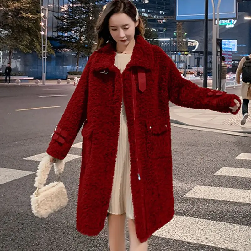Red Корейский мех, все-в-одном, овечья кожа, Женская свободная овчина, кольцо, частицы, толстая шерсть, средней длины, пальто, тонкое и стильное - Цвет: Red