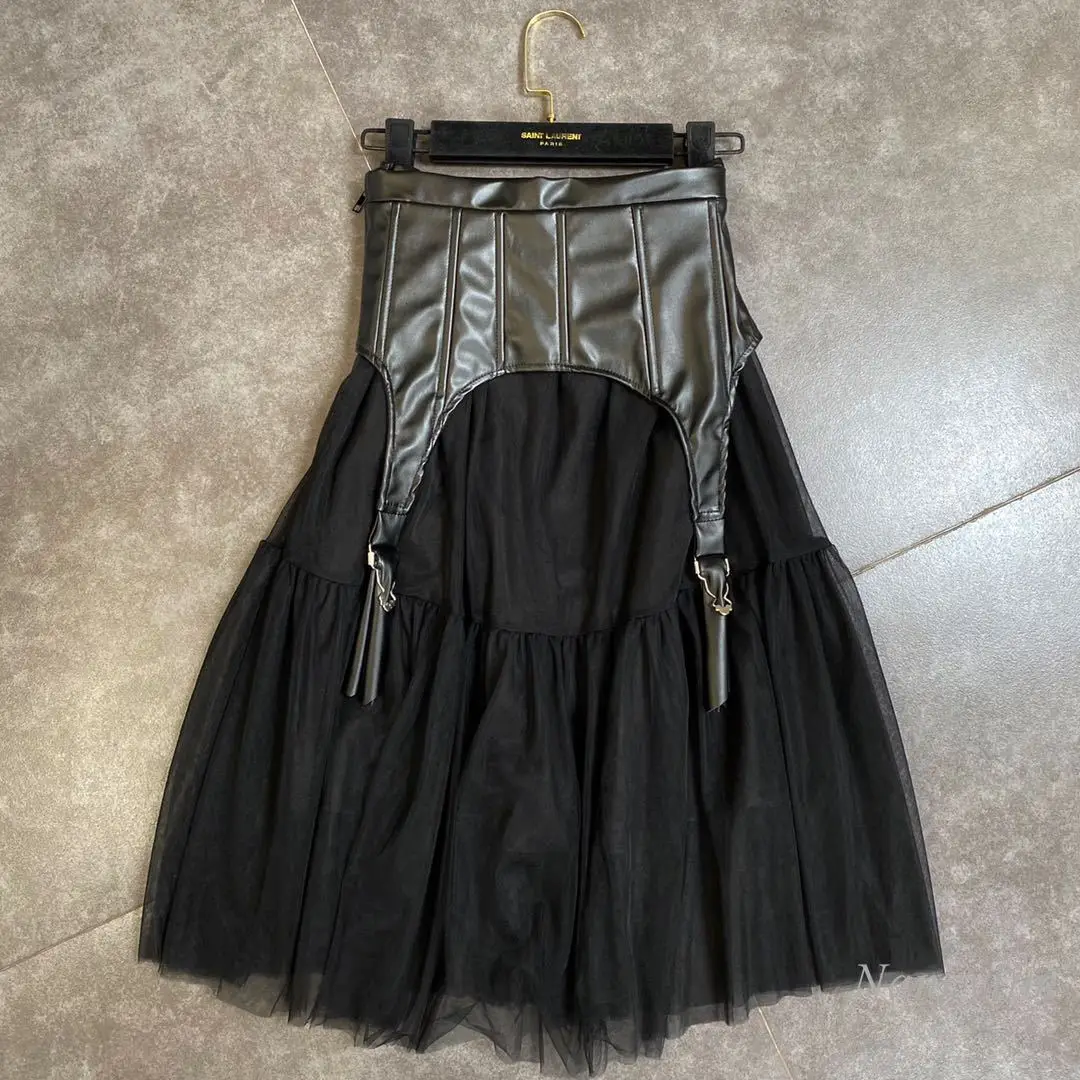 

2020 Autumn Woman's Pu Girdle Cinched Patchwork Multi-Layer Mesh Skirt Fashion Female Lady High Waist Skirts