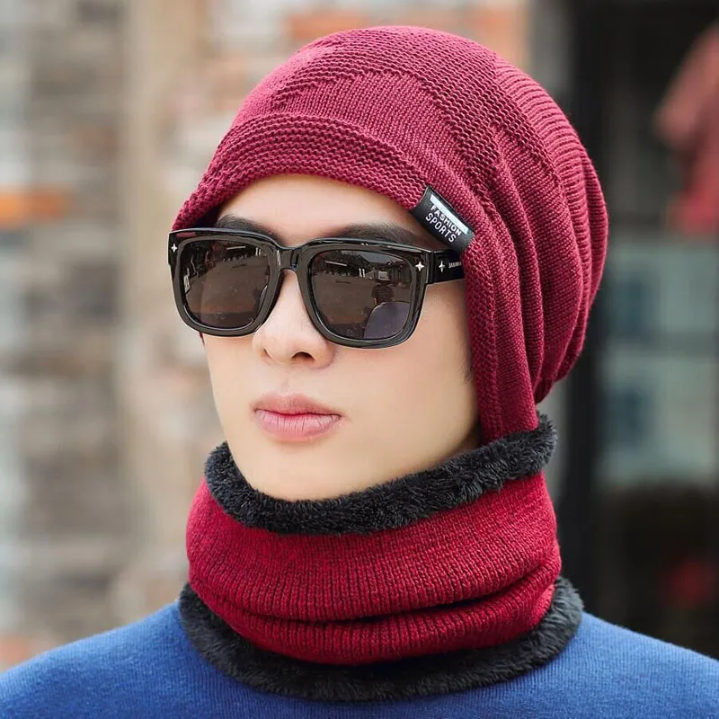 SUOGRY зимние шапки для мужчин Skullies Bonnets Мужская зимняя вязаная шапка шарф шерсть Женский Gorras маска фасоль мужская шапка - Цвет: red wine Hat Scarf
