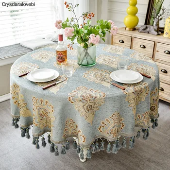 

Luxury European Style Round Table Cloth with Tassel Embrodered Jacquard Table Cover Coffee House Home Decoration Tablecloth