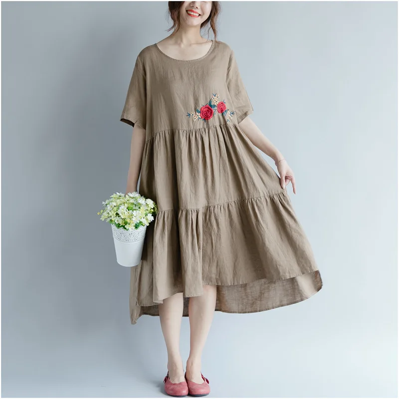 

2019 Summer New Style Photo Shoot Cotton Linen Embroidered Loose And Plus-sized Dress