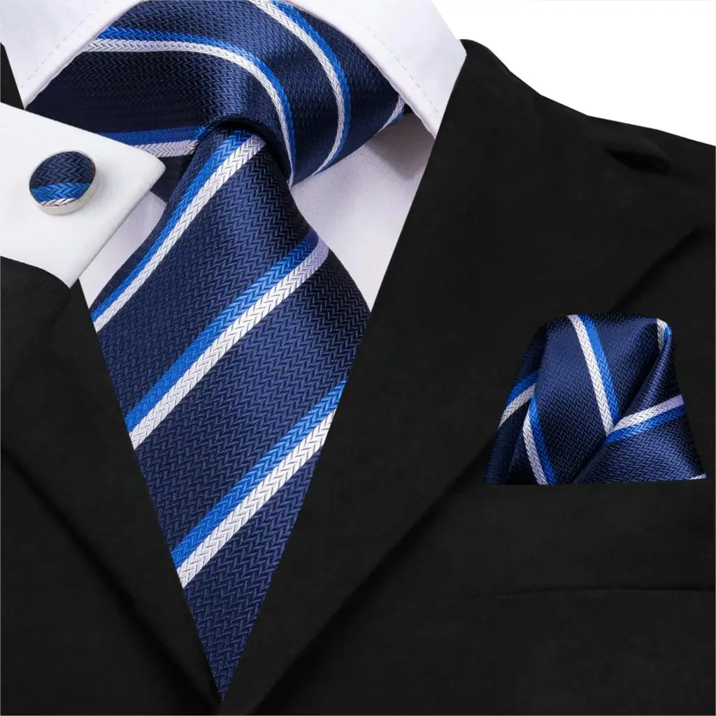 Hi-Tie деловые синие мужские галстуки Набор Шелковый Полосатый галстук Hanky запонки набор 8,5 см Широкий классический деловой Свадебный Карманный квадратный галстук - Цвет: C-3186