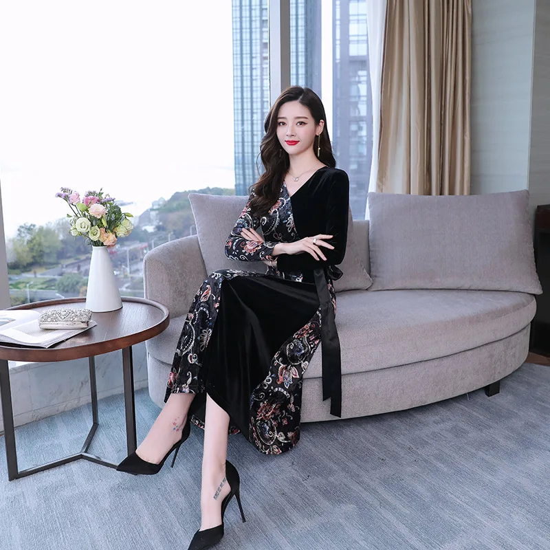 Elegant Nobility Gold Velvet Dress Spring Clothing New Style Lady Long over-the-Knee Lace-up Waist Hugging Base Skirt