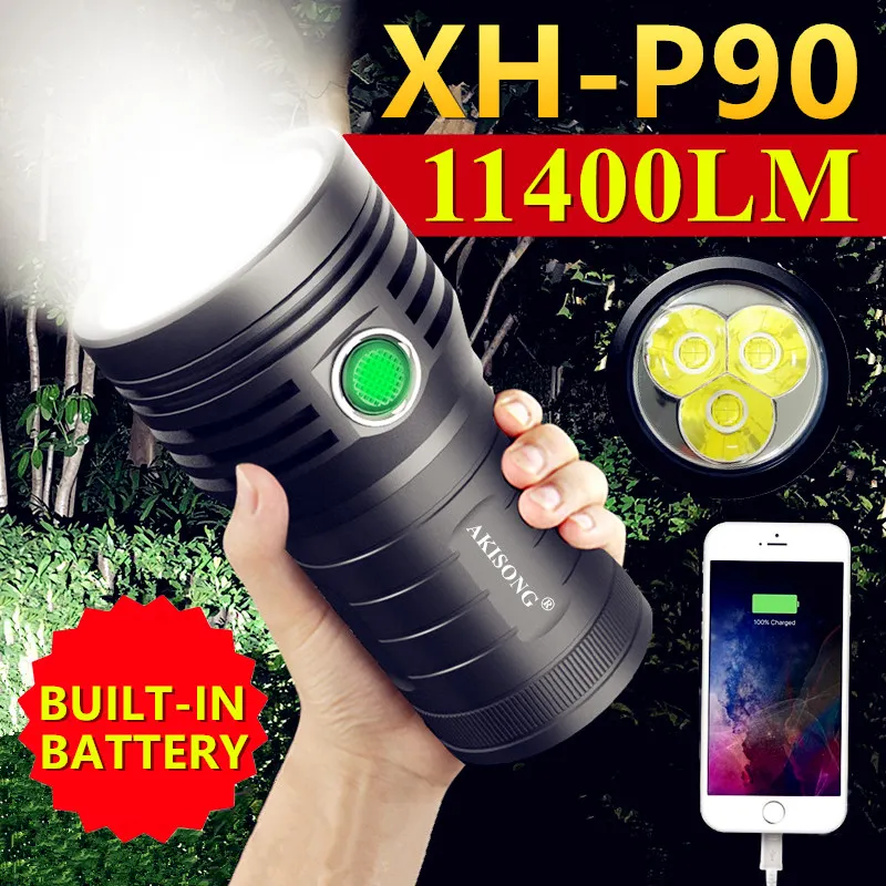 3XHP90LEDPowerfulFlashlightSafetyLockHighLumenRechargeable