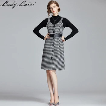 

2020 Spring Woman Long Sleeves Knitted Pullover +Single breasted Plaid Dress Elegant 2pcs sets Female Outfits