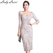 Осень Новое поступление женское кружевное платье с открытыми плечами сексуальное облегающее вечернее платье с v-образным вырезом для офиса
