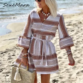

Casual Fashion Women Striped Mini Dress 2020 Spring V-neck Lace Up Slim Dress for Women