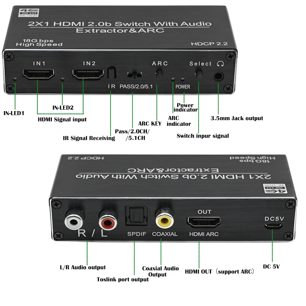  HDMI Switch 2x1 4K@60hz HDMI 2.0b Audio Extractor with Toslink Optical &RCA 4K SPDIF Coaxial Analog