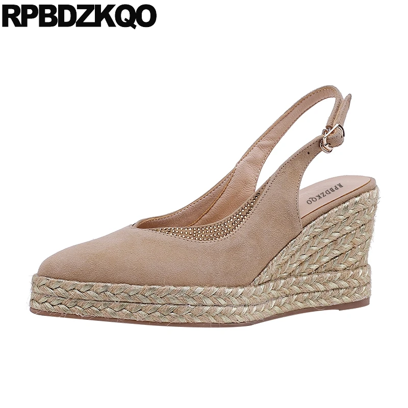 

sandals women platform wedge shoes genuine leather 2019 suede 8cm slingback pointed toe high heels pumps strap handmade china