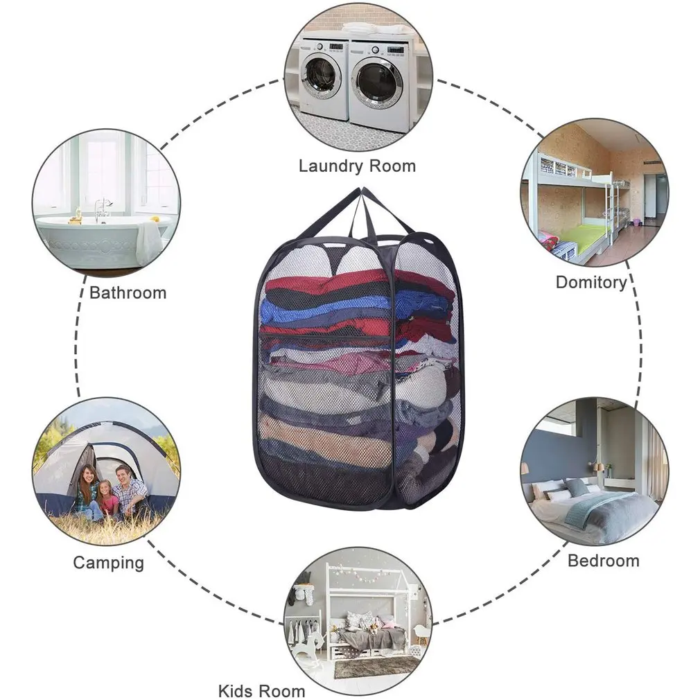 Всплывающая корзина для белья, прочная Сетчатая Сумка с портативными ручками, боковой карман, Складная сетка для стирки, корзина для дома