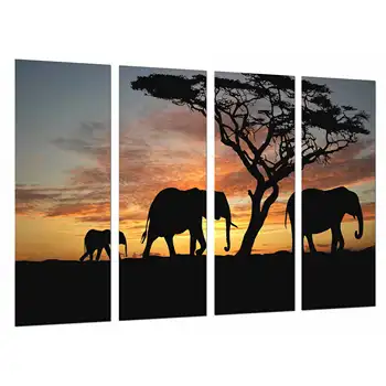 

Landscape Sunset African Nature, Elephants Animal, photo print on wood, modern picture decorative 26870