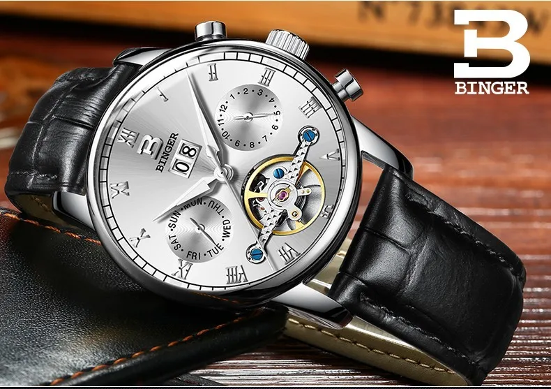 Швейцарские Бингер мужские часы люксовый бренд Tourbillon fulll нержавеющая сталь водонепроницаемые часы Механические наручные часы B-8604