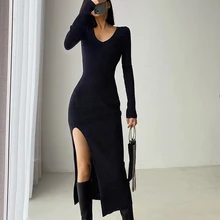 Jupe tricotée à la mode pour femmes, robe de printemps et d'hiver sexy à fente française, robe tricotée moulante à hauteur des genoux