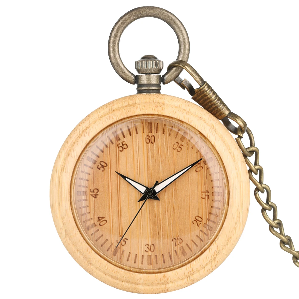 Concise Bamboo Quartz Pocket Watch Men Women Carved Arabic Numerals Dial Pocket Watches Bronze Sweather Chain Pendant Chain