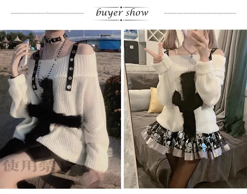 Karrram Harajuku Gothic Knitted Sweaters Punk Girls Cross Off Shoulder Loose Sweater Outwear Autumn Winter Streetwear Emo Grunge
