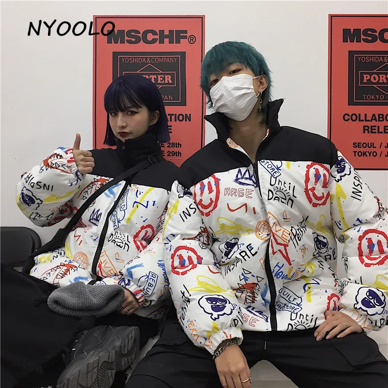 NYOOLO Harajuku уличная граффити дизайн лоскутное утолщаются теплые пальто осень зима Свободная куртка на молнии мягкий для женщин мужчин верхняя одежда