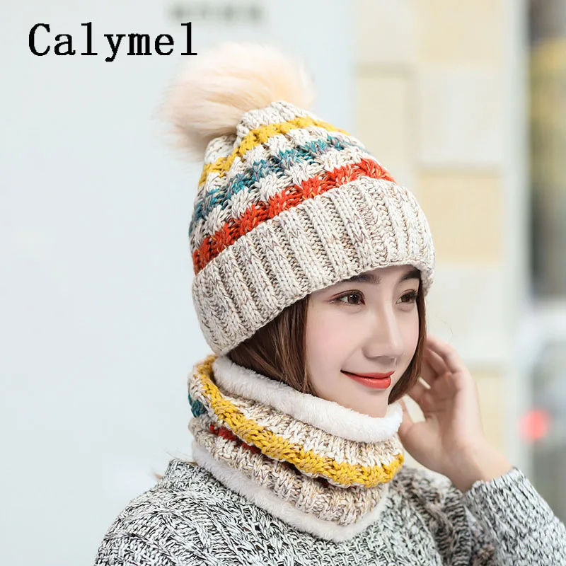 Calymel, Женская цельная шапка, шарф, шерстяной шар, милая бархатная утолщенная шапка, цветная шапочка, модная зимняя шапка, вязаный шейный платок