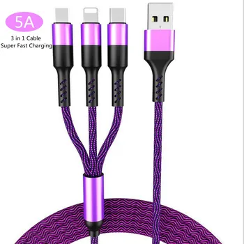 

5A Super Fast Charging 3 in 1 Data Transfer Cable Mobile Phone Cables USB Charger Cable for All Kinds Phones and Tablets Charger