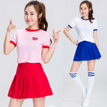 

kpop TWICE cheerleading stage show same white cotton Short-sleeved Round Collar T shirt and sexy loose A-line mini Pleated skirt
