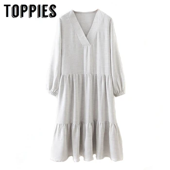 

Gray Long Sleeve Midi Dress Lantern Sleeve Spliced Ruffles Hem Loose Dress 2020 Spring ladies vestido