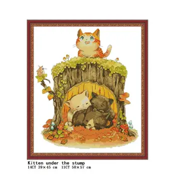 

Cat under the tree stump Cross stitch kit cartoon animal pattern 14CT 11CT count printed fabric handmade embroidery needlework