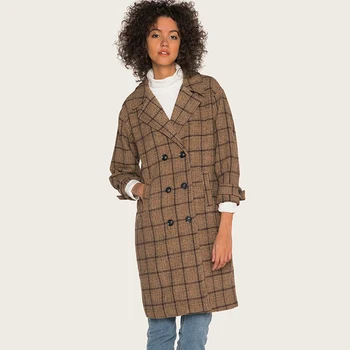 

Women's coat in a long trench coat plaid jacket retro woolen coat long sleeve lapel coat long coat women trench