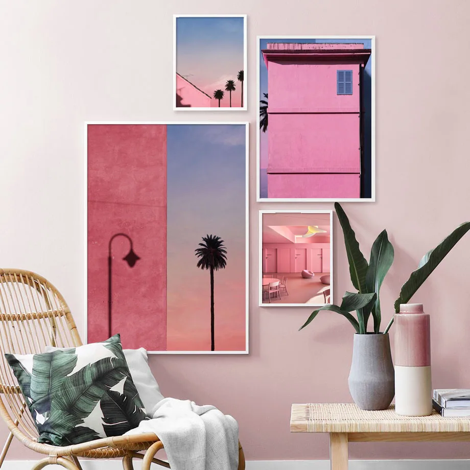 Wall-Art-Canvas-Painting-Pink-City-Flower-Light-Beach-Girl-Photo-Nordic-Posters-And-Prints-Wall