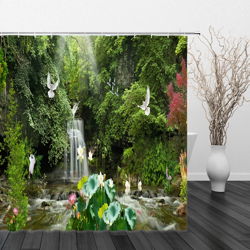 Modern 3D Print Scenery Forest Shower Curtain Green Plant Tree Waterfall Landscape Bath With Hooks Bathroom Home Waterproof
