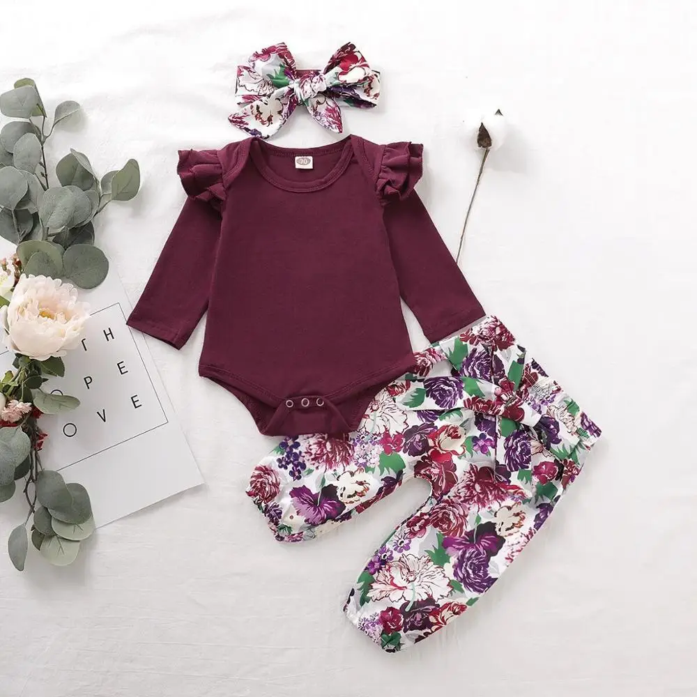 Baby Clothes Sets Fashion Solid Rompers Tops + Floral Pants + Headband Newborn Girls Outfits 3pcs Toddler Infant Clothing Cotton