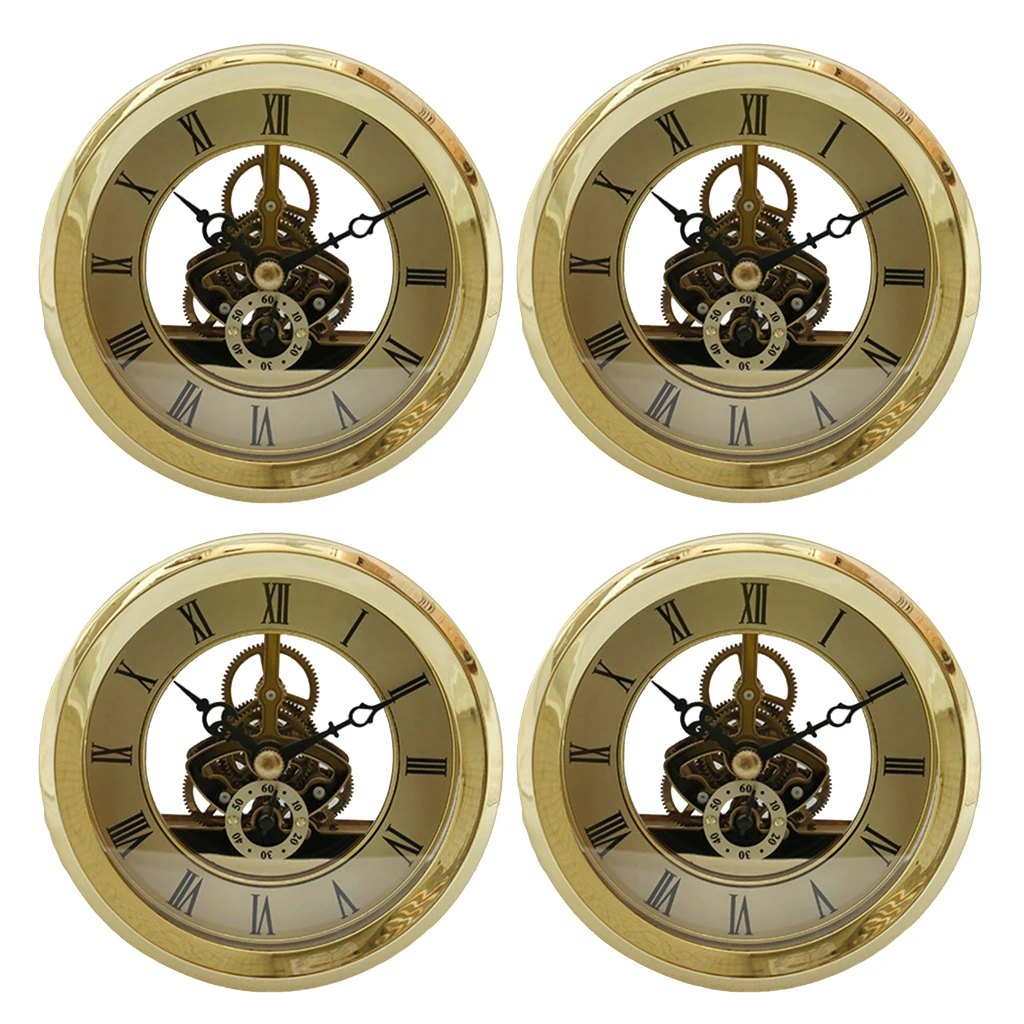 4x 90mm Quartz Clock Fit-up/Insert W/ Roman Numeral, Quartz Movement (Gold Trim)