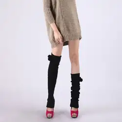 Женские зимние вязаные гетры с плетеным плетением для девочек; однотонные вязаные теплые сапоги; носки с манжетами и помпон