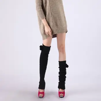

Women Girls Winter Braided Cable Knit Thigh High Long Leg Warmers Solid Color Crochet Thermal Boots Cuff Socks with Pompom Ball