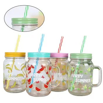 

4Pcs Water Cups Durable Fruit Pattern Creative Portable Glass Cups Straw Cups Coffee Cups Handle and Cover