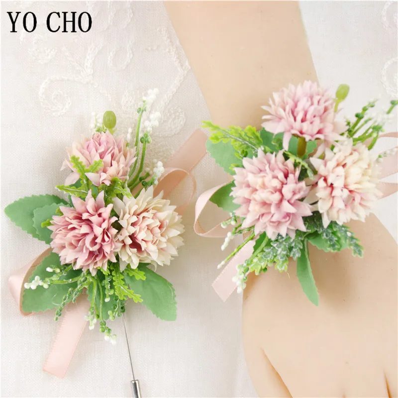 YO CHO Champagne Pompon Flower Groom Boutonniere Bride Wrist Corsage