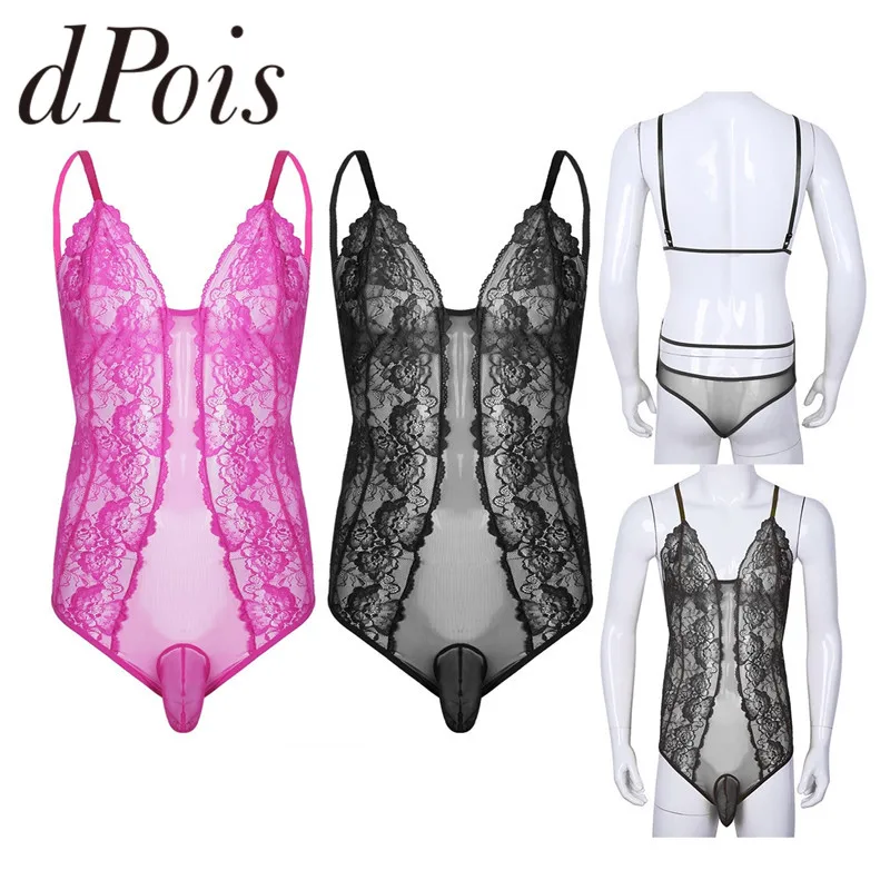 dPois Mens Floral Lace See-Through Criss-Cross Back Bodysuits Crossdress Lingerie Sissy Pouch Underwear 