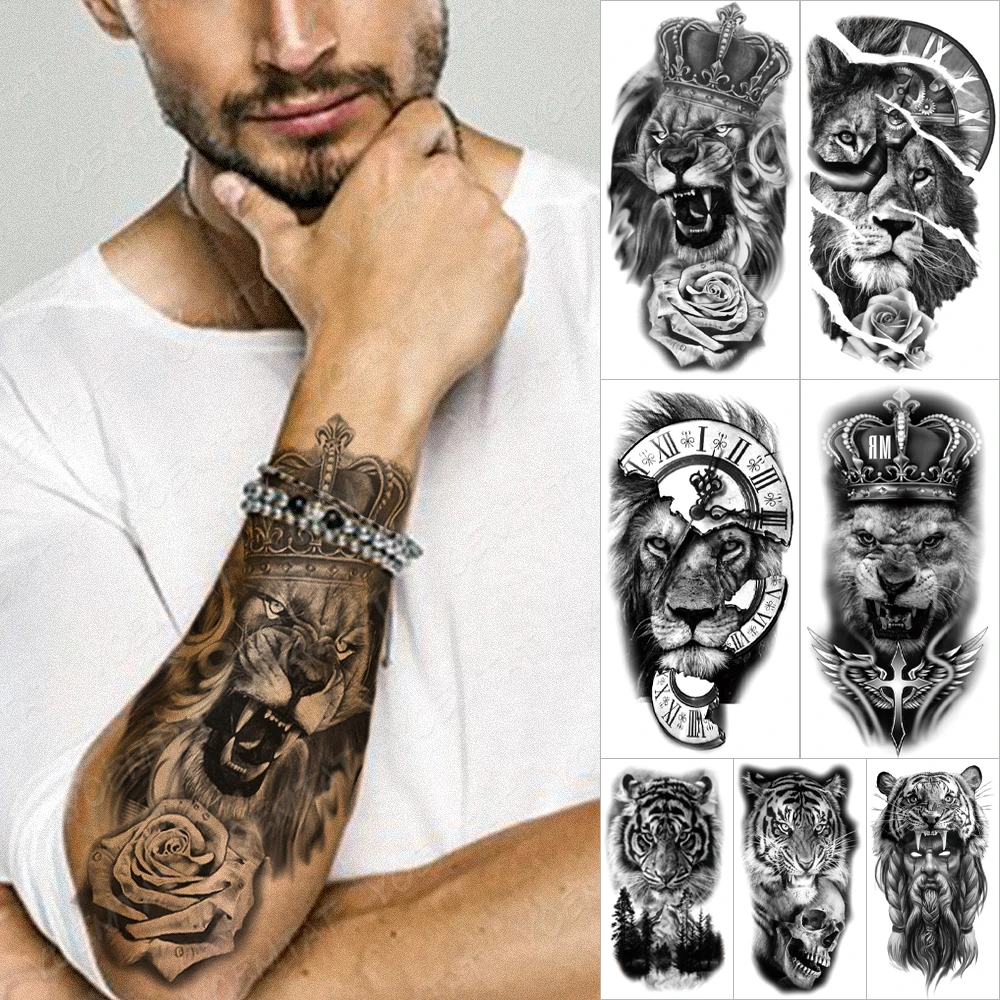 Tatouage Lion Avec Rose Femme Autocollants de tatouage temporaire, couronne, Lion, Rose, horloge, croix,  pour femmes, hommes, tigre, Animal, Flash, étanche, transfert de corps,  bras d'art | AliExpress