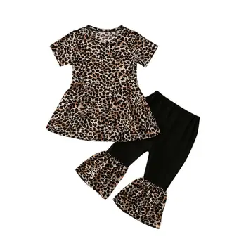 

2020 Infant Toddler Baby Girl Set Leopard Outfit Short Sleeve Ruffle T-Shirt Dress Tops Bell Bottoms Flare Pants Two Piece Set