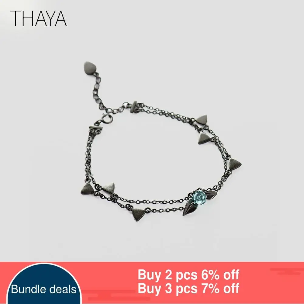 Thaya 100% 925 argent épines Rose Bracelet deux couches cristal fleur noir chaîne lien Bracelet pour femmes bijoux corée style cadeau ► Photo 2/5