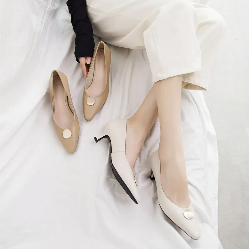 

2019 Spring New Style Pointed Shoes Women's Chunky-Heel Low-Cut Small Leather Shoes Women's Slip-on Metal Low Heel Genuine Leath